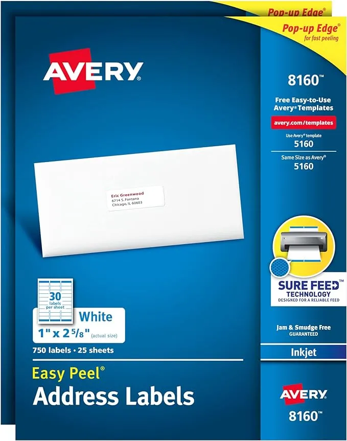 Avery Easy Peel Printable Address Labels with Sure Feed, 1" x 2-5/8", White, 750 per Pack, 2 Packs, 1,500 Blank Mailing Labels Total (08160)