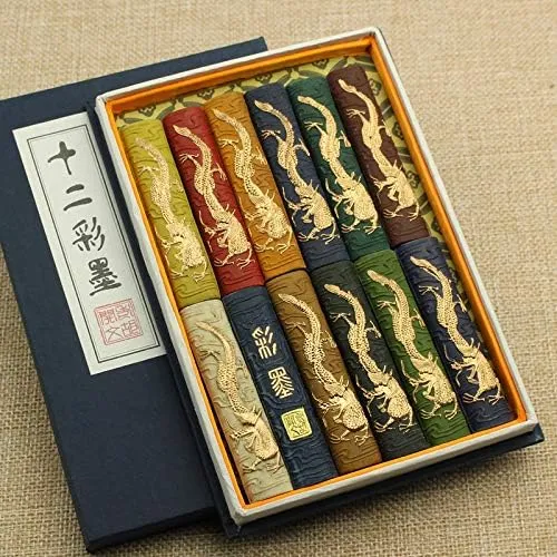 Semli Hukaiwen Ink Block Colors Pigment Ink Stick Set for Chinese Japanese Traditional Pigment Color Calligraphy and Painting Drawing (12 PCS)