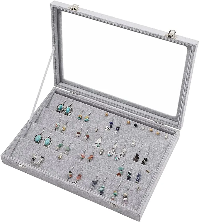 STYLIFING Necklaces Storage Velvet Jewelry Box for Necklaces Display Clear Lid Necklace Holder 20 Hooks Jewelry Tray for Necklaces Bracelet Stackable