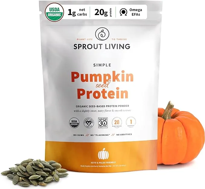 Sprout Living Simple Pumpkin Seed Protein Powder, 20 Grams Organic Plant Based Protein Powder Without Artificial Sweeteners, Non Dairy, Non-GMO, Vegan, Gluten Free, Keto Drink Mix (1 Pound)