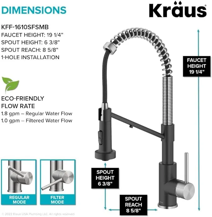 Kraus Bolden 2-in-1 Commercial Style Pull-Down Single Handle Water Filter Kitchen Faucet for Reverse Osmosis Spot-Free Stainless Steel & Matte Black