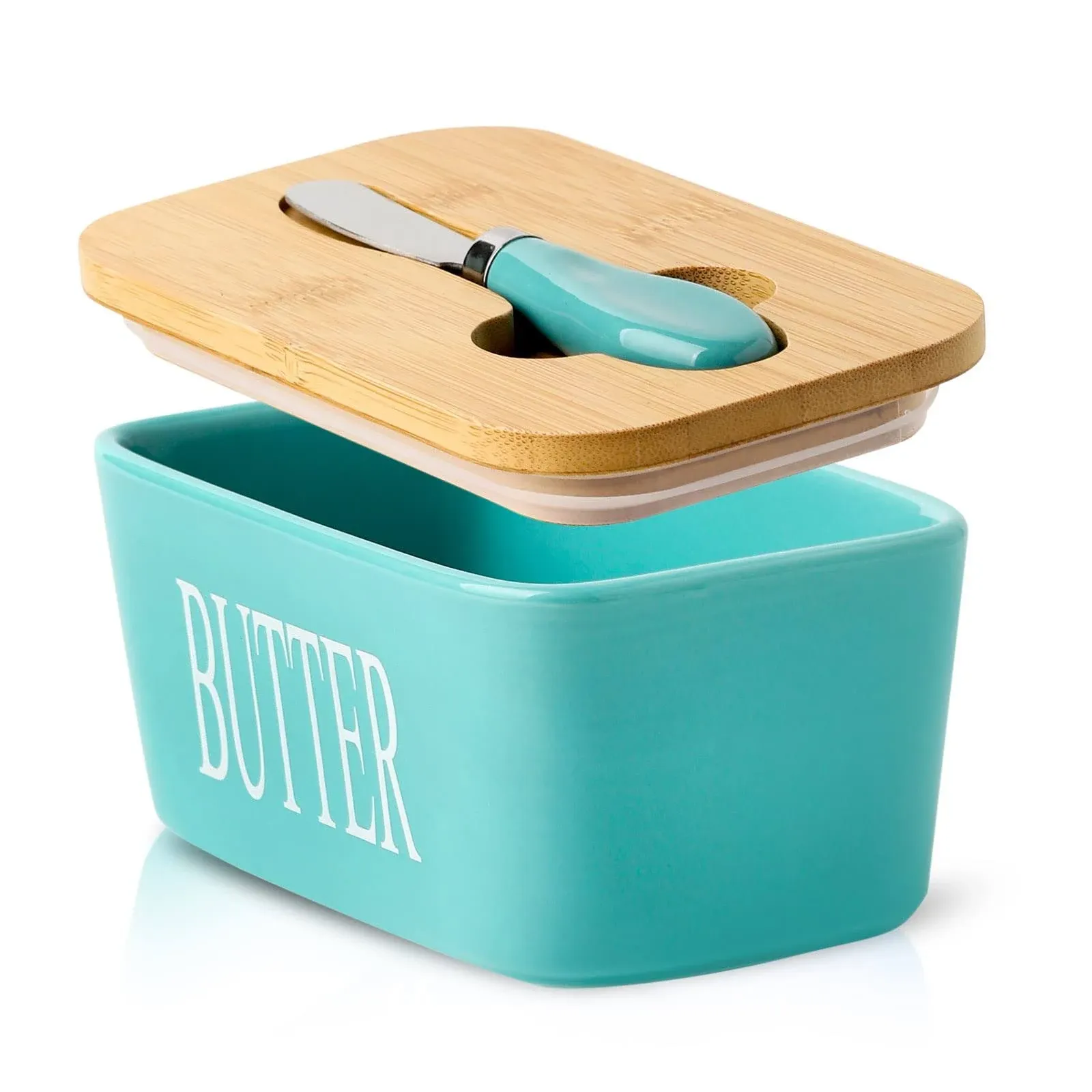 Hasense Butter Dish, Ceramic Butter Container with Lid Holds For Countertop, Large Butter Holder with Knife Spreader for Counter, Silicone Sealing Butter Keeper with Cover for Kitchen,Turquoise