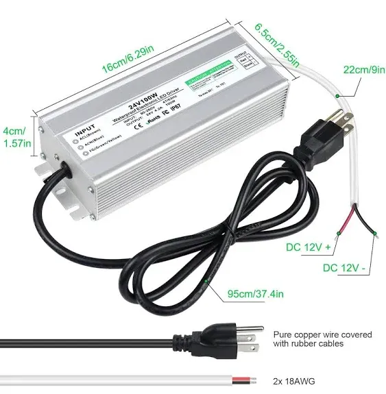 LED Power Supply 24V 100W, Waterproof IP67 LED Driver, LED Transformer with 3-Prong Plug 3.3 Feet Cable for LED Light, Computer Project, Outdoor Light, 4.2Amp