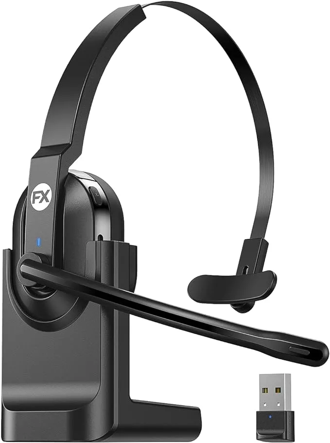 Wireless Headset, Bluetooth Headset with AI Noise Cancelling Microphone & Charging Base, 50Hrs Bluetooth 5.0 Headphones with USB for PC/Remote Work/Call Center/Online Class/Trucker/Zoom/Skype