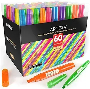 Arteza Highlighters, Broad & Narrow Chisel Tips, 6 Assorted Colors - Set of 60