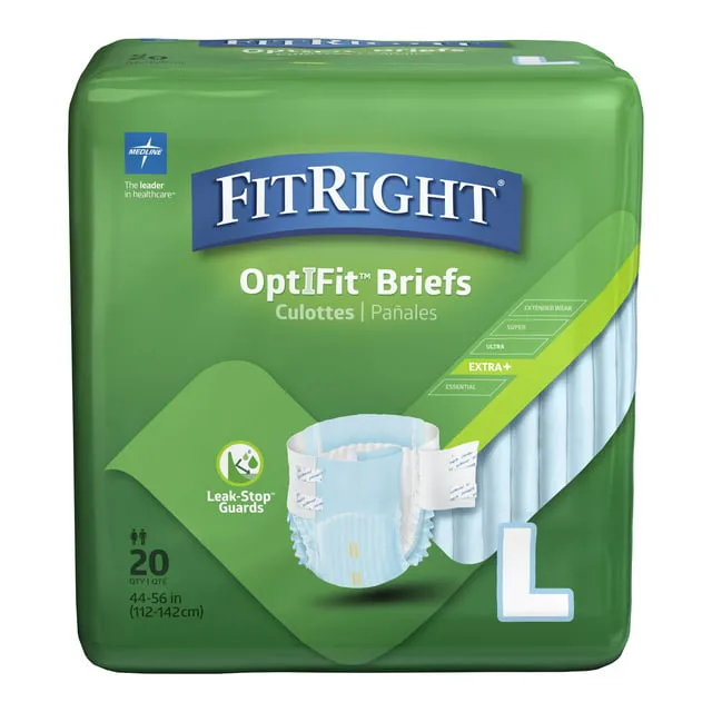 FitRight OptiFit Extra+ Briefs, with Leak Stop Guards, Adult Disposable Briefs with Tabs, Large, 48"-58", 20 Per Bag (80 Total)