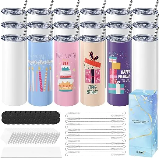 18 Pack Sublimation Tumblers Blank 20 oz Straight Skinny with Sublimation Pap...