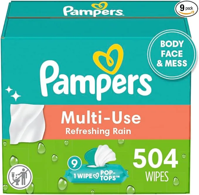 Pampers Multi Use Baby Wipes, Refreshing Rain, Body, Face & Mess Wipes, 9 Flip-Top Packs (504 Wipes Total)