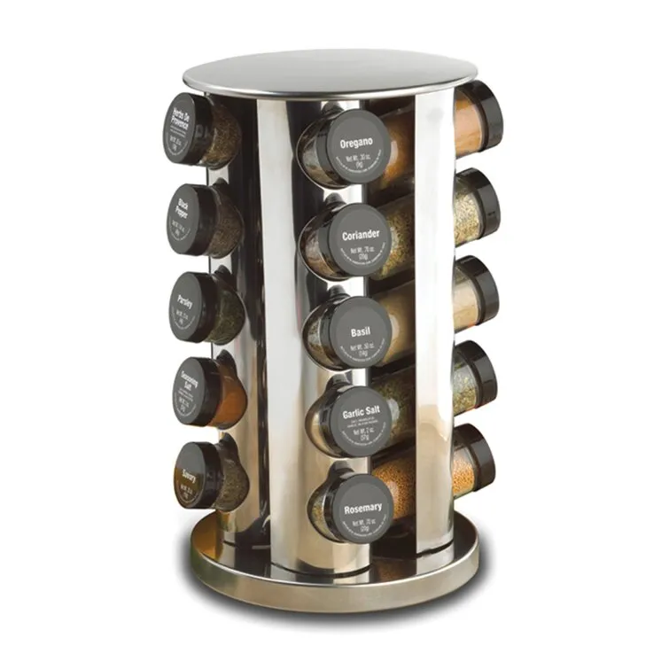 Kamenstein Revolving 20-Jar Countertop Rack Tower Organizer, Polished Stainless Steel with Black Caps