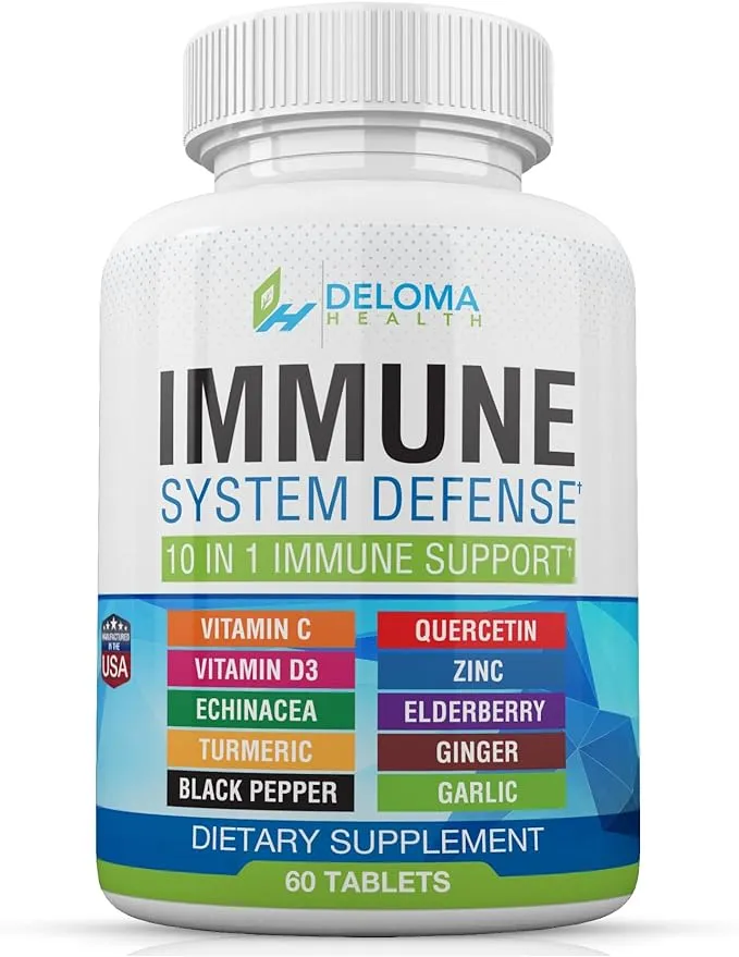 10 in 1 Immune System Support Supplement with Vitamin C, Quercetin, D3, Zinc, Elderberry, Echinacea, Turmeric, Ginger, Black Pepper and Garlic by Deloma Health