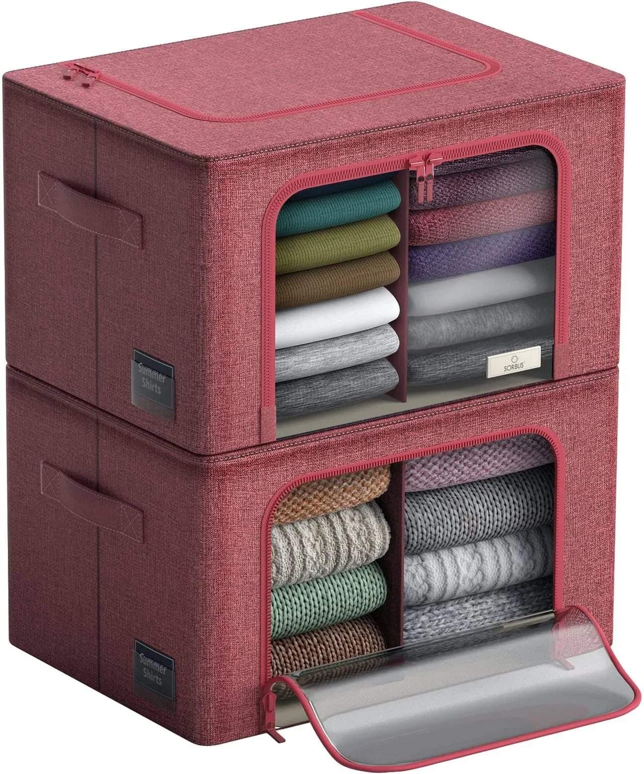 Sorbus Storage Bins with Divided Interior - Large Stackable & Foldable Organizer Containers with Metal Frame, Oxford Fabric, Large Window & Carry Handles - Organization for Bedroom, Linens & Clothes