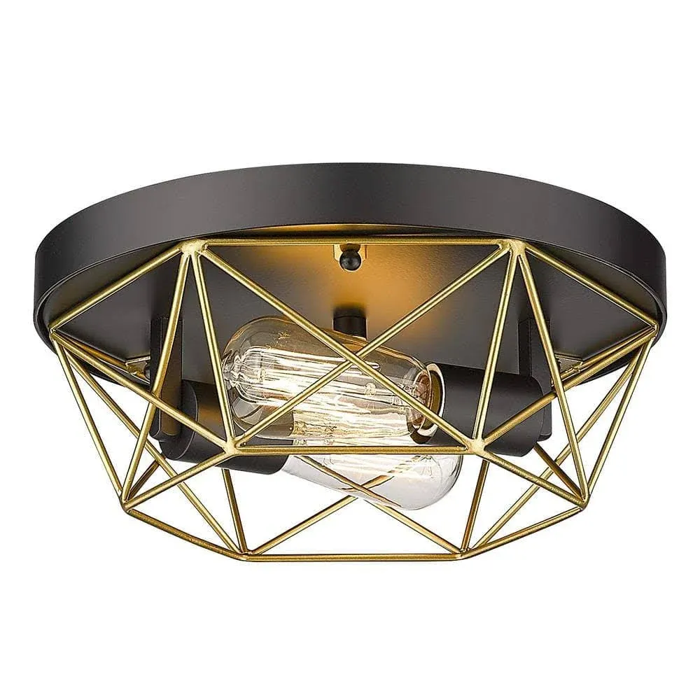 HWH 2-Light Industrial Ceiling Light,  Brass Metal Cage Flush Mount Lighting Fixture, Black and Gold 5HY28F BK+BG