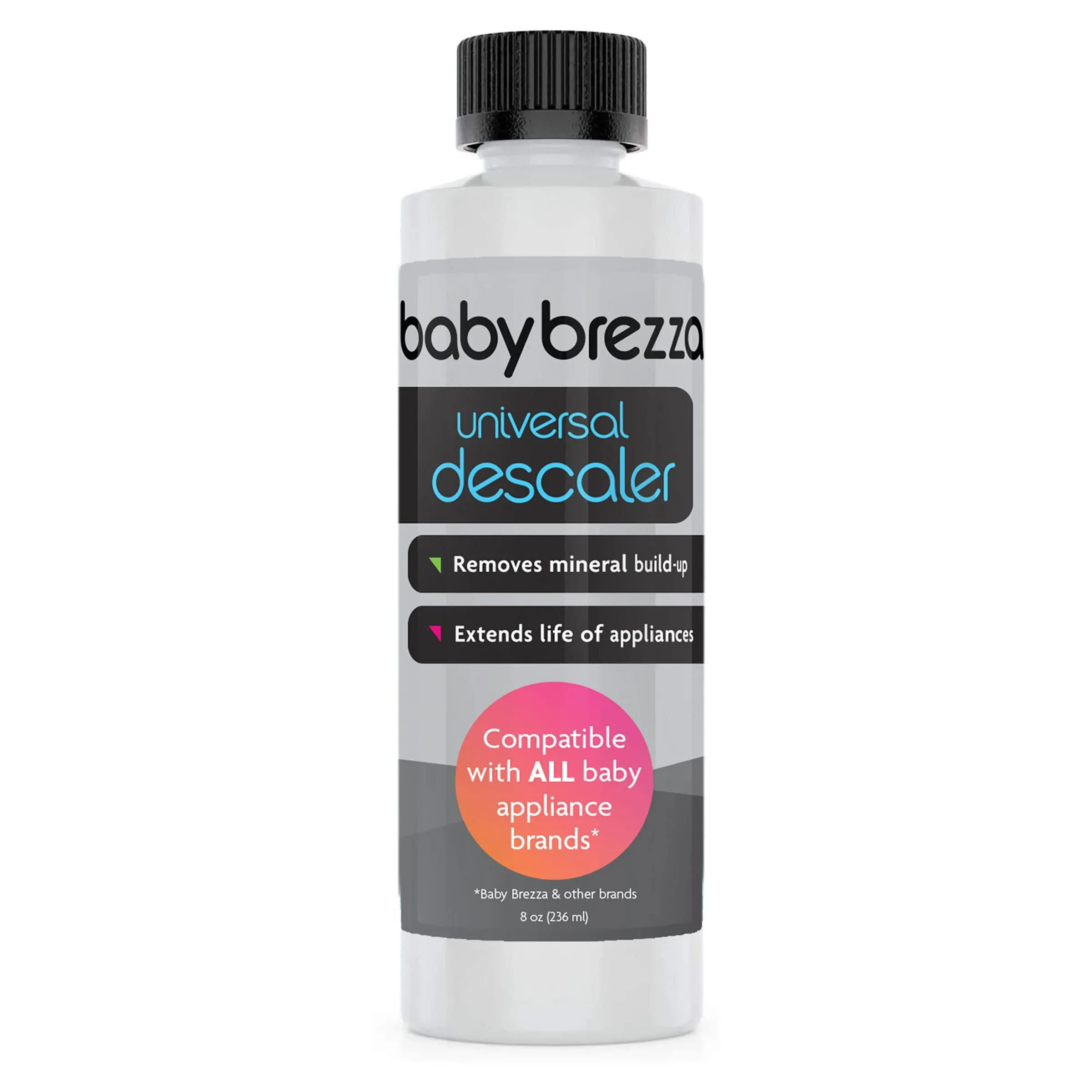 Baby Brezza Descaler 8 oz. Made in USA. Universal Descaling Solution for Baby Brezza and other baby appliances. Removes mineral build-up and extends your machine’s lifespan.