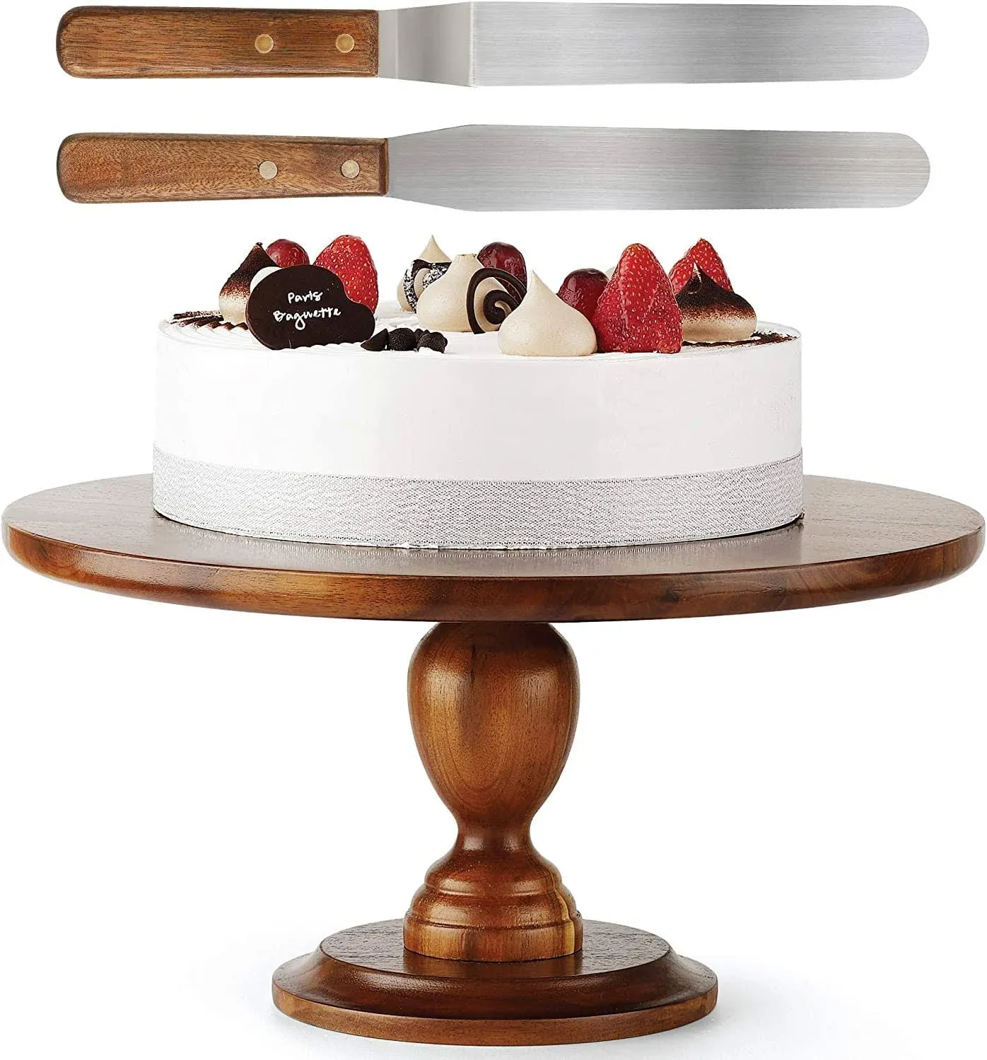 13&#034; Acacia Cake Stand Rustic – Cake Stands Wooden with 2 Icing Spatulas - Round