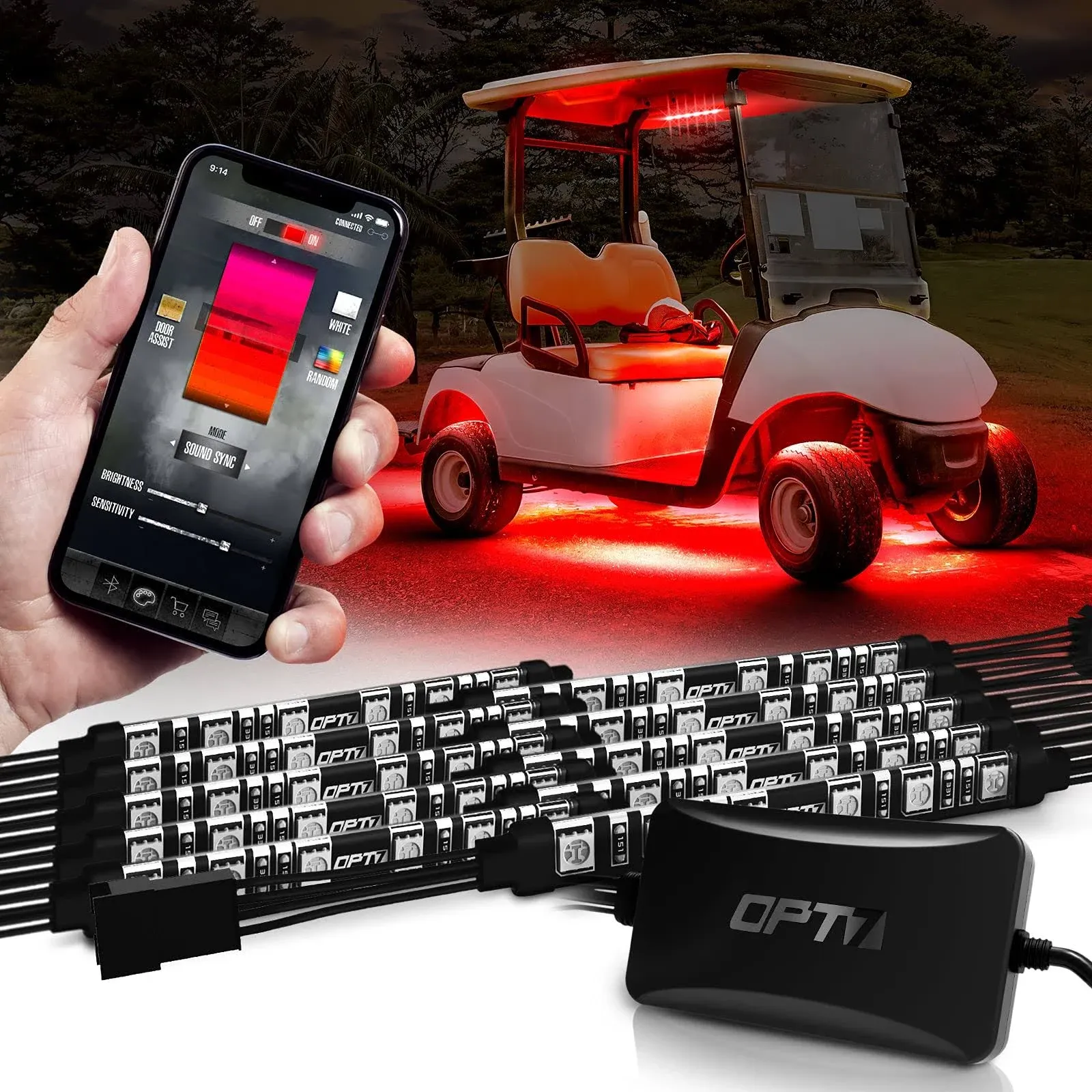 OPT7 Aura Pro Golf Cart Underglow Bluetooth APP LED Lighting Kit, Neon Underbody Strips Accessories, RGB Multi-Color Mode Accent Lights with Bluetooth Controlled App, w/Switch, 10pcs, 12V, Single Row