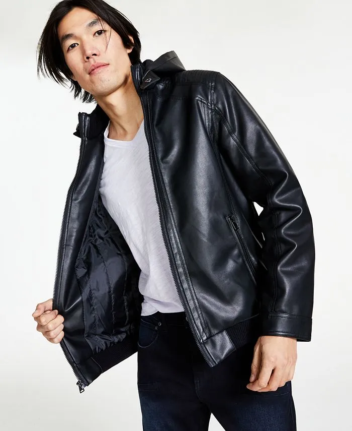 Men’s Regular-Fit Faux Leather Bomber Jacket