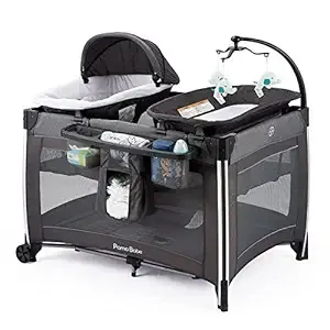 Pamo Babe 4 in 1 Portable Baby Crib Deluxe Nursery Center, Foldable Travel Playard with Bassinet, Mattress, Changing Table for Newborn, Infant, Toddler(Grey)