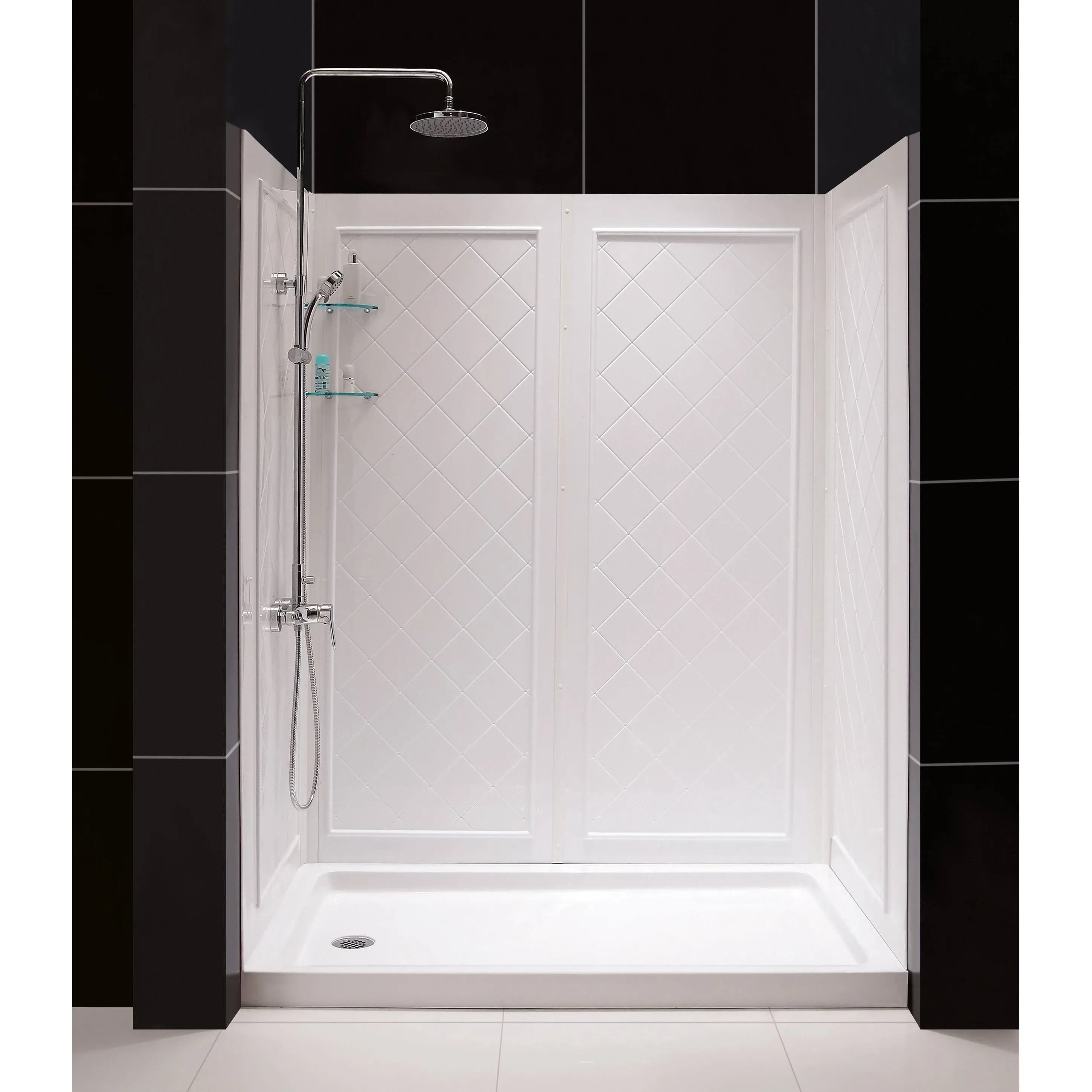 DreamLine SlimLine 36" by 60" Single Threshold Shower Base Left Hand Drain and QWALL-5 Shower Backwall Kit - Dreamline DL-6192L-01