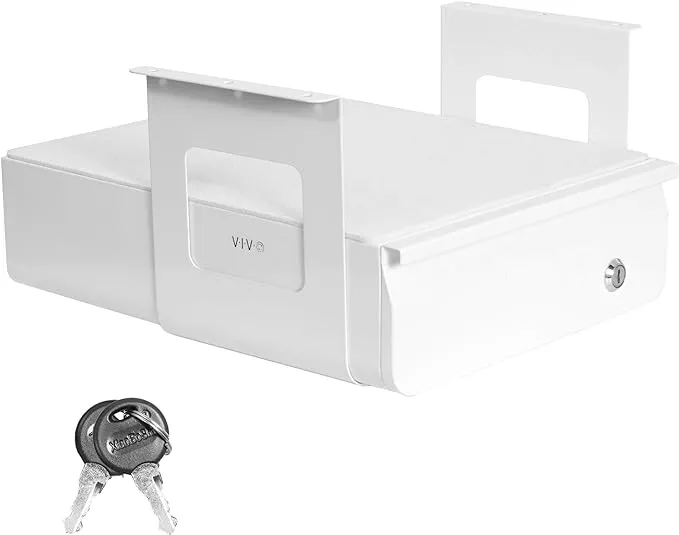 Vivo White Lockable Pull Out Under Desk Storage Drawer, Workspace Organizer