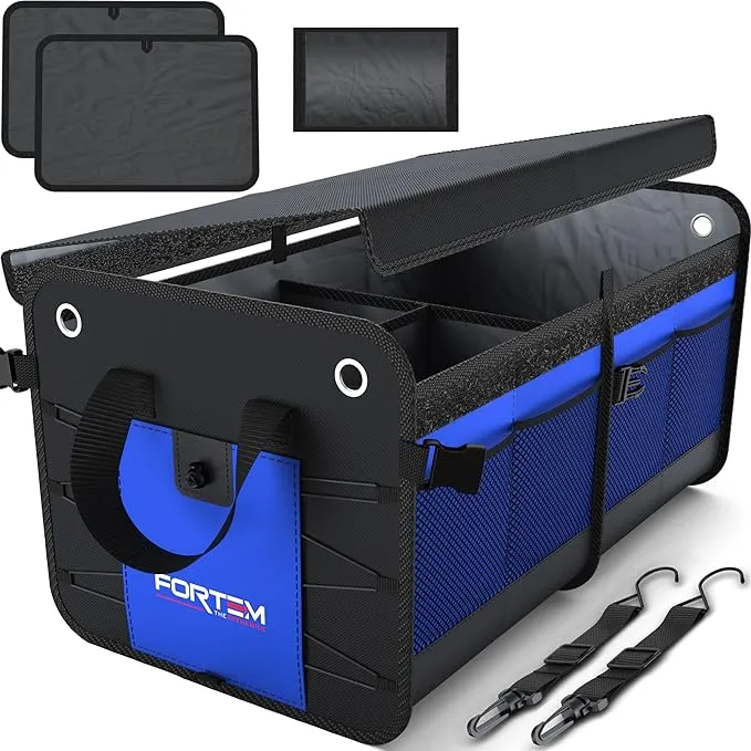 FORTEM Car Trunk Organizer, SUV Trunk Organizer, Car Storage Organizer, Collapsible Multi Compartment Car Organizer, Non Slip Bottom, Adjustable Securing Straps, Foldable Cover (2 Compartments, Blue)