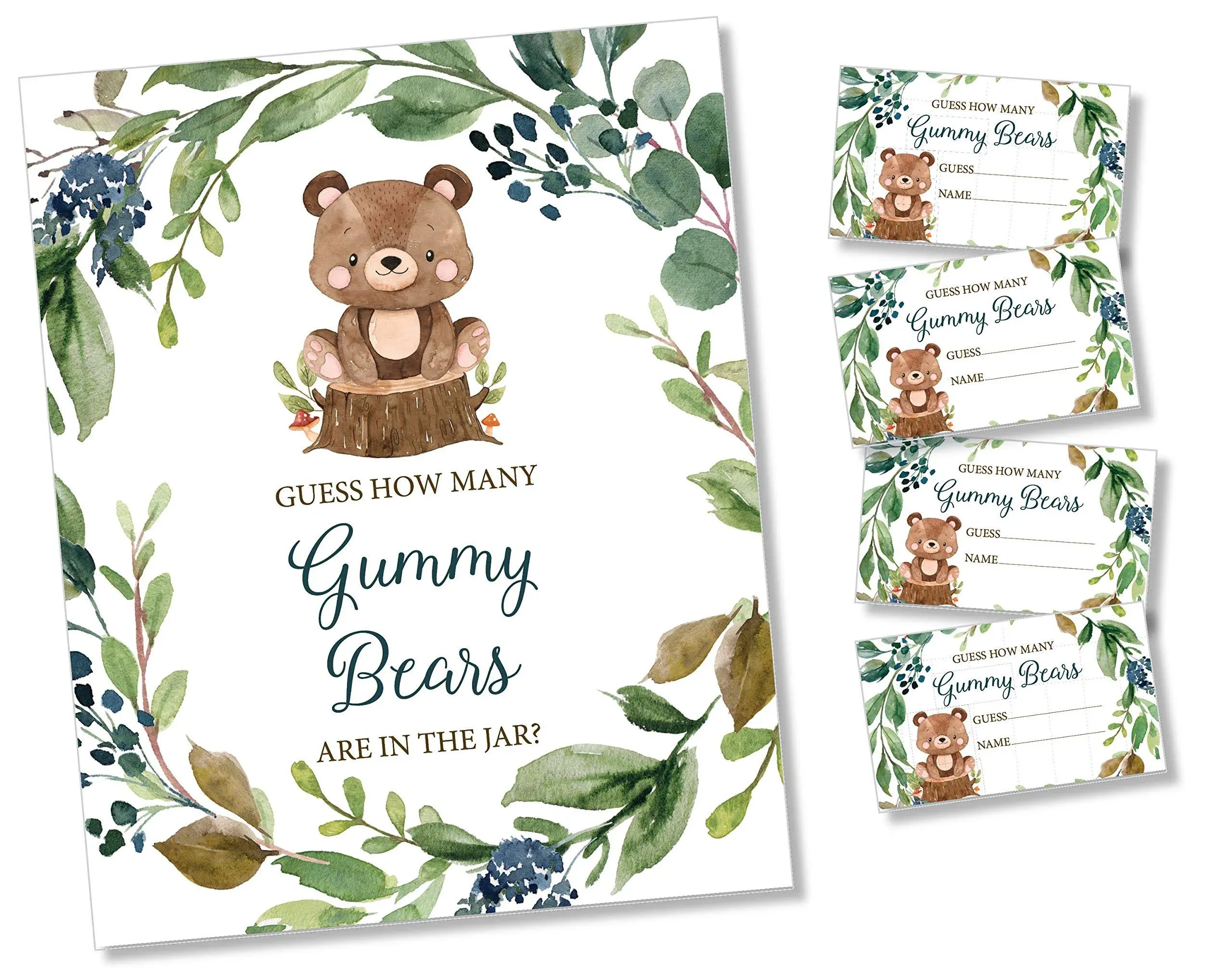 All Ewired Up How Many Gummy Bears - Self Standing Sign - 50 Guess Cards - Greenery Woodland Baby Shower Birthday Party