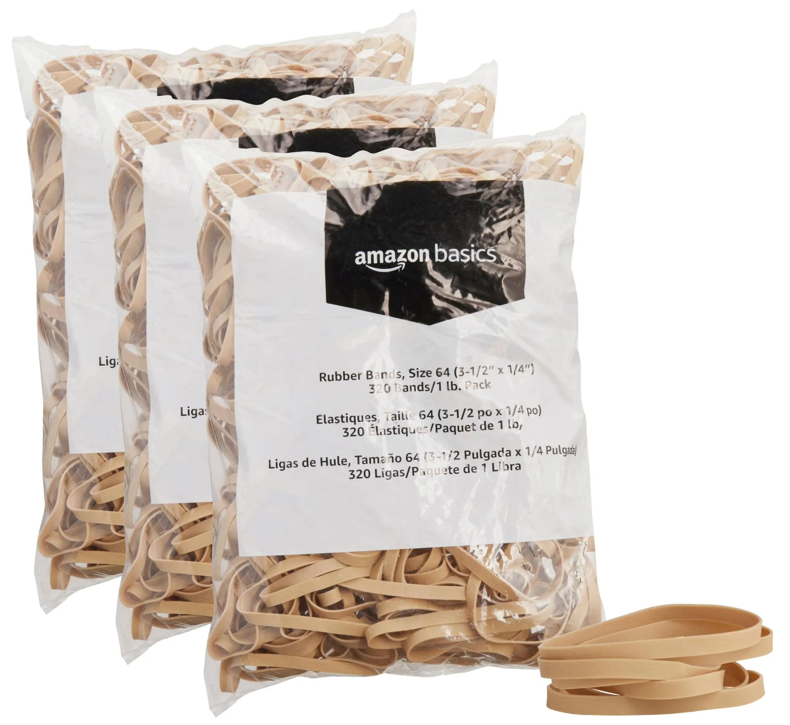 Amazon Basics Rubber Bands, Size 64 (3-1/2 x 1/4 inch), 320 Bands/1 lb Pack, 3-Pack, Tan