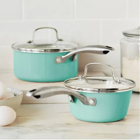 GreenLife Artisan Healthy Ceramic Nonstick, 1QT and 2QT Saucepan Pot Set with Lids, Stainless Steel Handle, PFAS-Free, Dishwasher Safe, Oven Safe, Turquoise