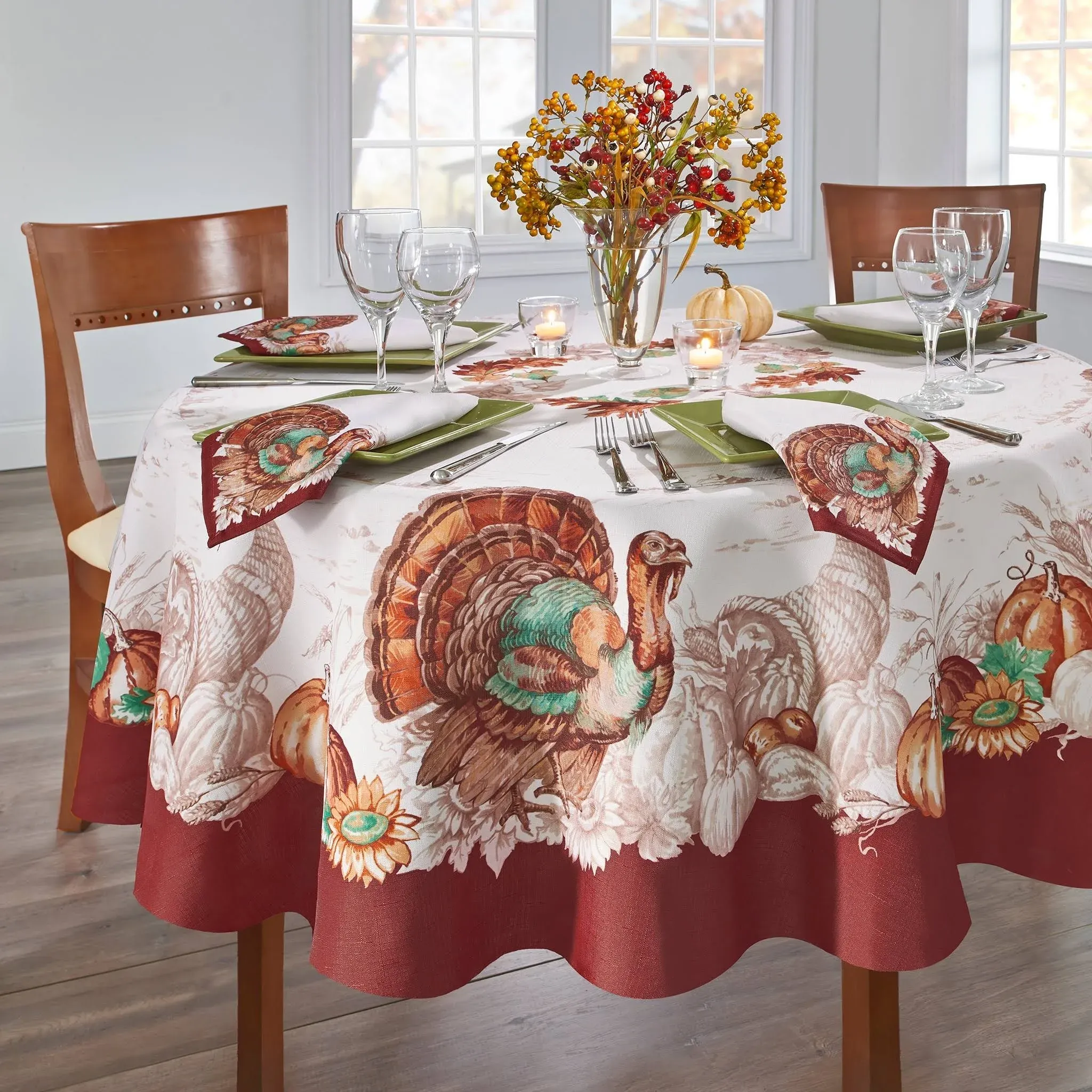 Elrene Home Fashions Holiday Turkey Bordered Fall Tablecloth Seasonal Dining-...