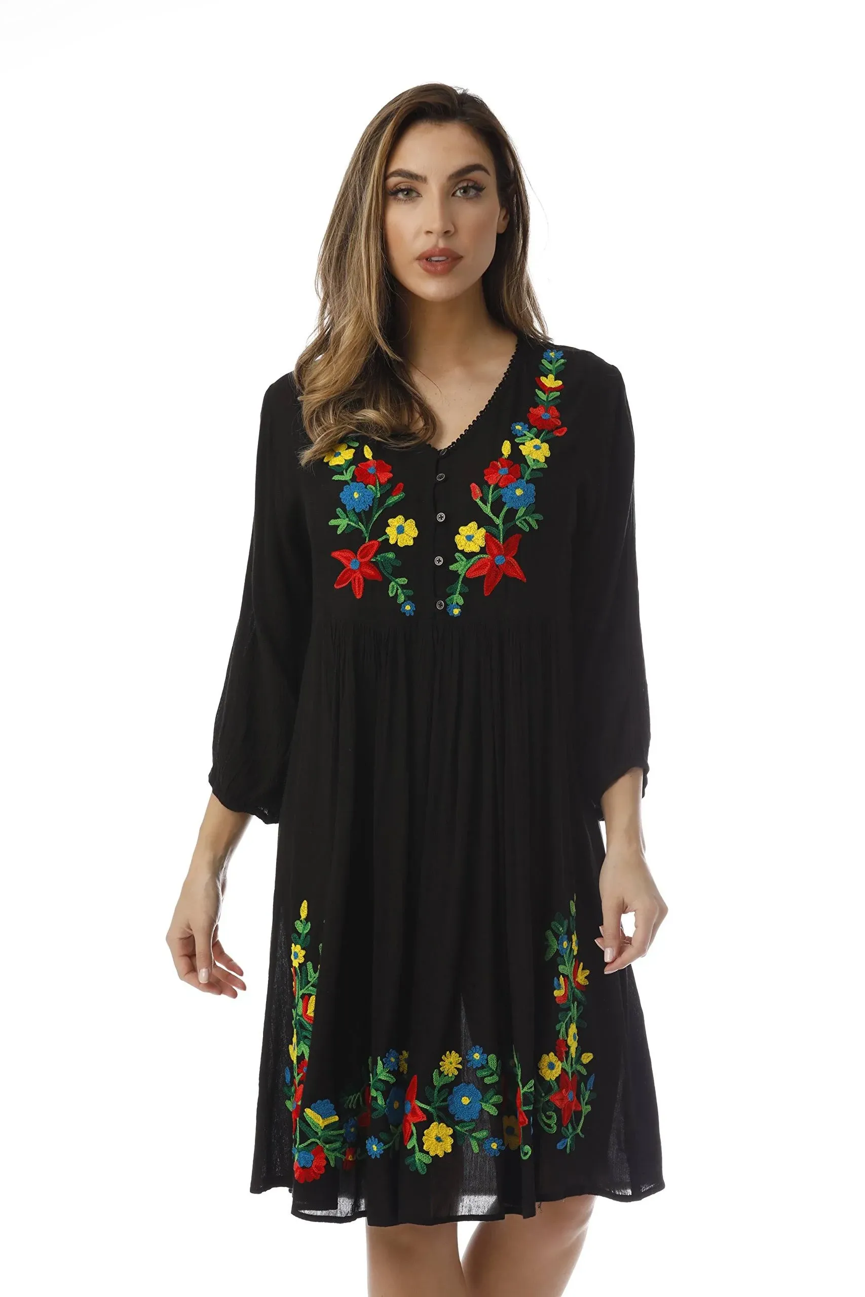 Riviera Sun Embroidered Dress with 3/4 Sleeve