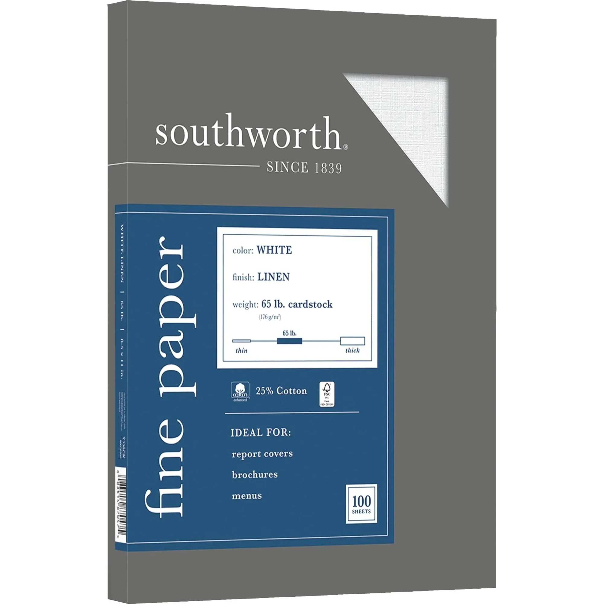 Southworth 25% Cotton Linen Cover Stock, 65lb, 8.5 x 11, 100/Pack