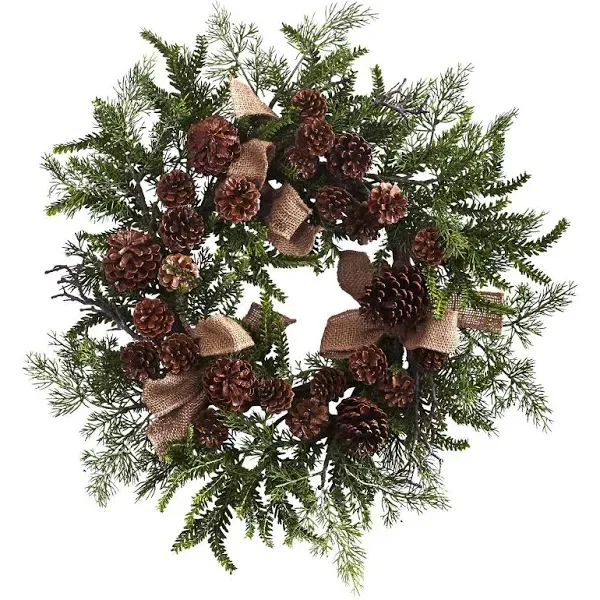 24” Pine & Pine Cone Wreath w/Burlap Bows