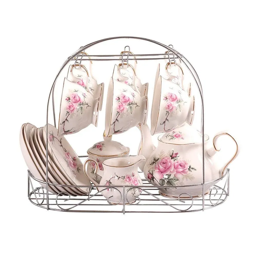 ufengke®European Style Bone China,Golden Camellia Printed Ceramic Porcelain Tea Cup Set with Lid and Saucer,Including The Metal Holder