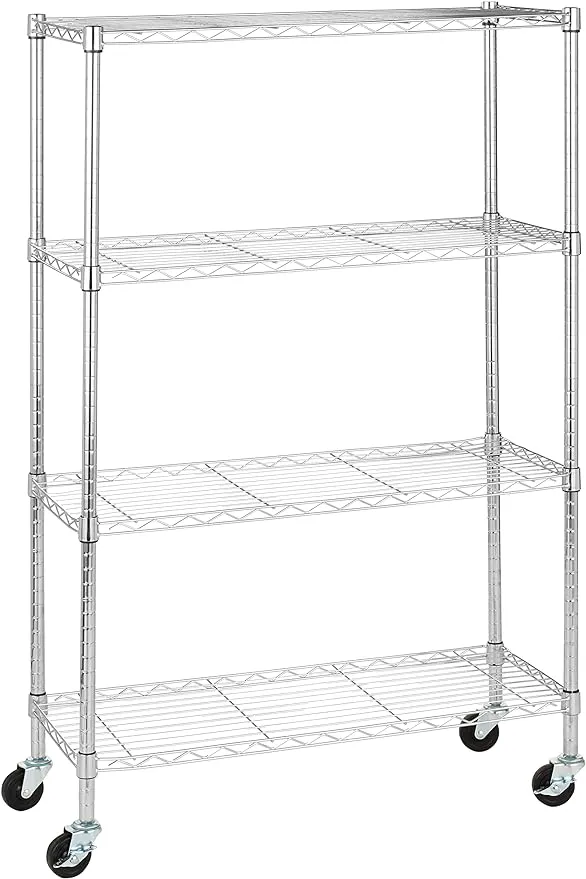 Amazon Basics 4-Shelf Adjustable, Heavy Duty Storage Shelving Unit with Wheels for Easy Assembly, for Garage or Kitchen Use, Metal Organizer Wire Rack, 36" L x 14" W x 57.8" H, Chrome