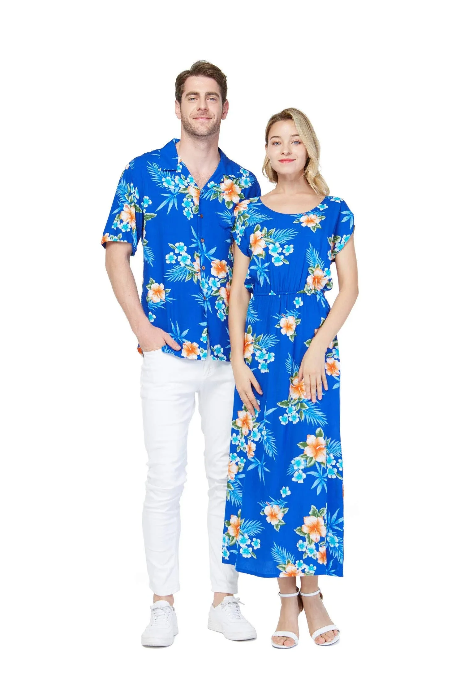 Matchable Couple Hawaiian Luau Shirt or Maxi Simple Dress in Hibiscus Blue