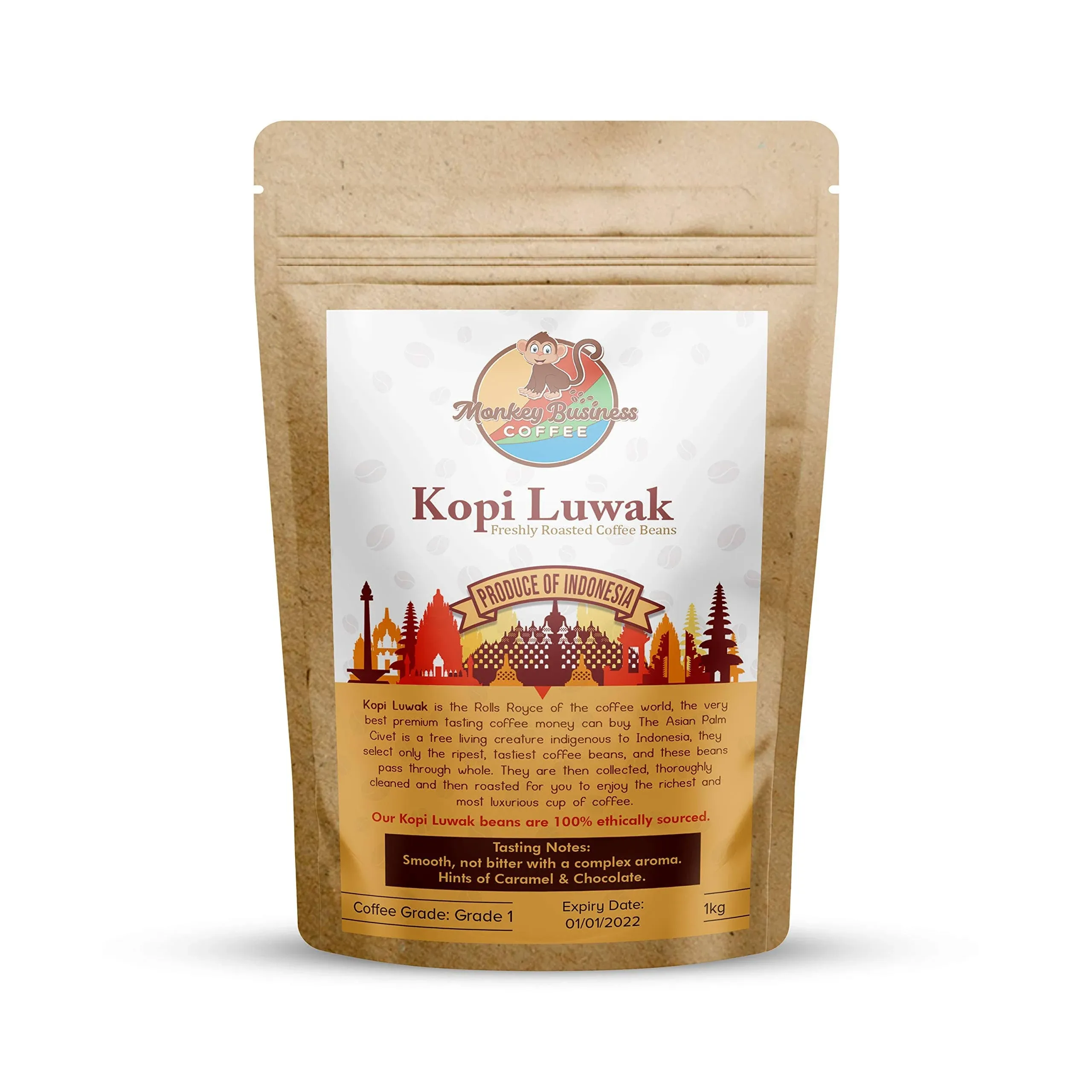 Monkey Business Coffee - Wild Kopi Luwak Coffee - Whole Beans, 1kg (35oz)