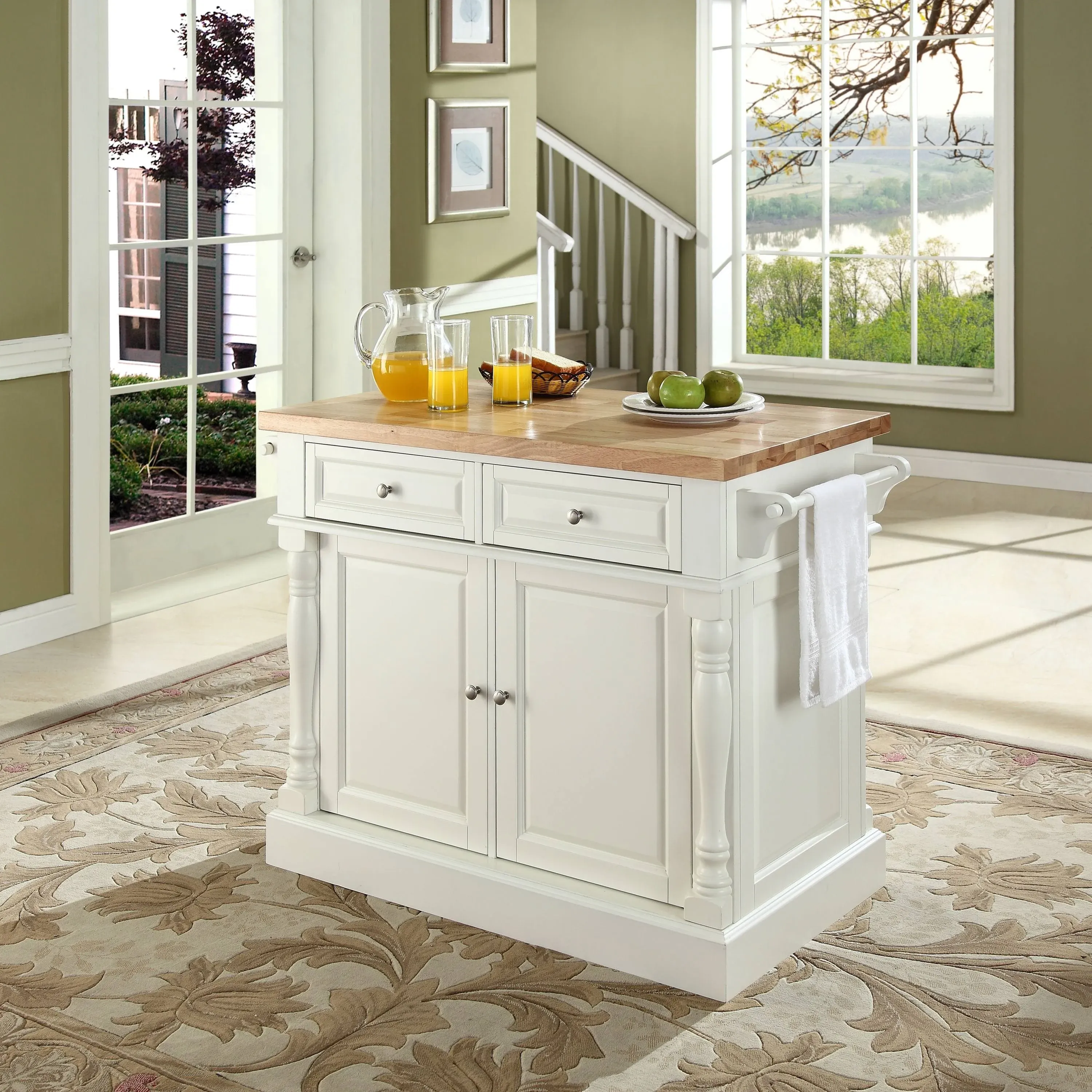 Crosley Furniture Oxford Butcher Block Top Kitchen Island In White Finish With Stools