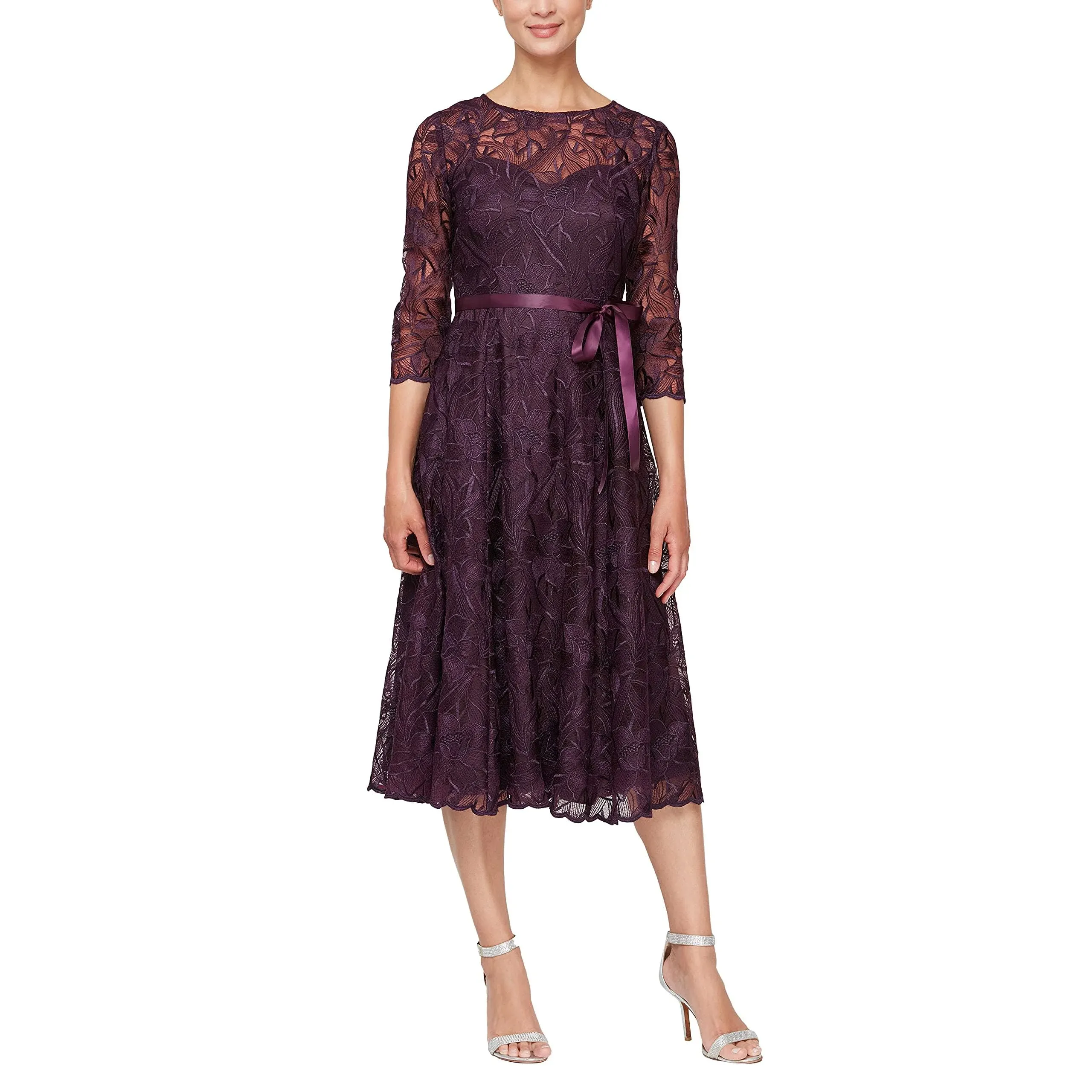 Alex Evenings Women's Tea Length Embroidered Dress Illusion Sleeves (Petite Missy)