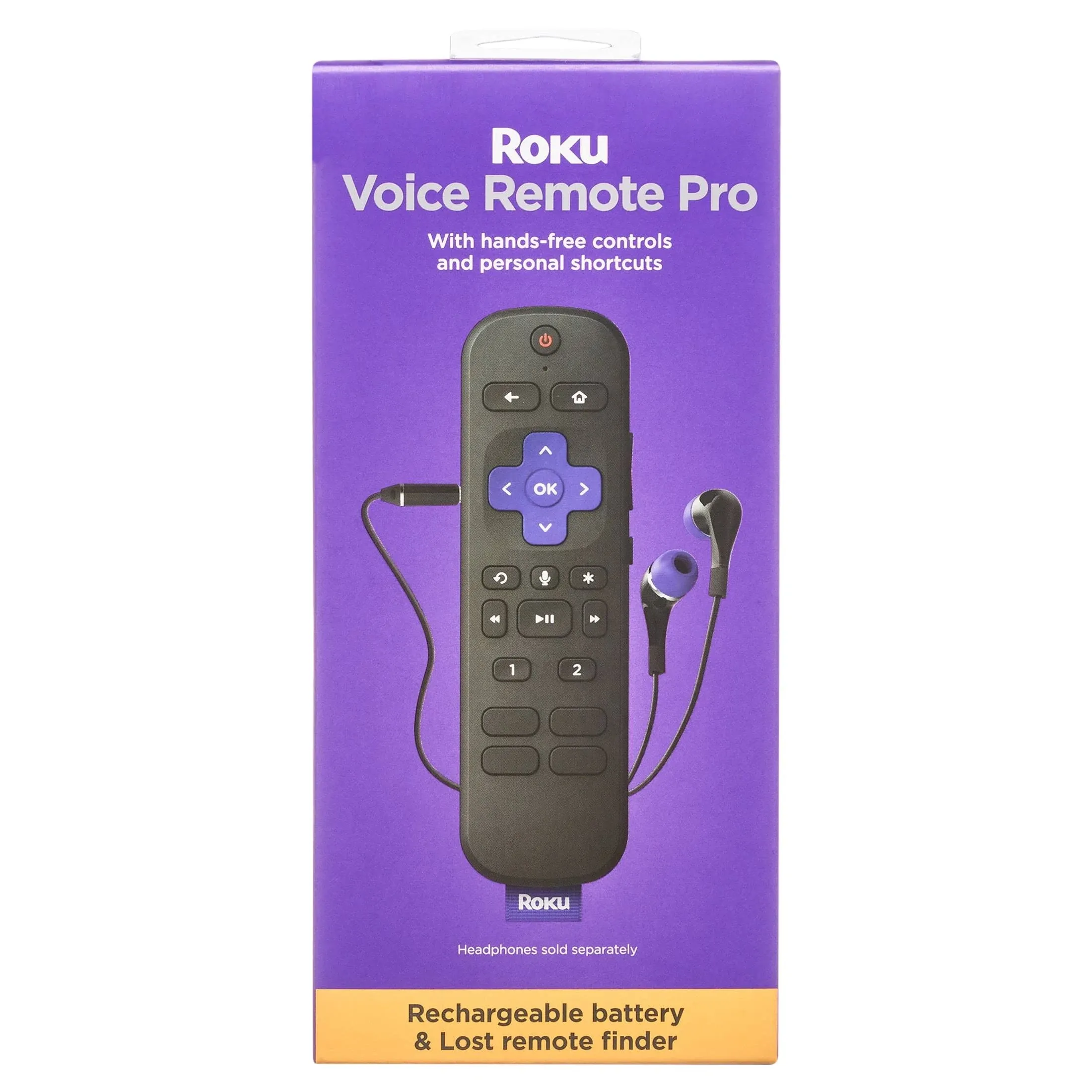 Roku Voice Remote Pro Rechargeable Voice Remote with TV Controls, Lost Remote Finder, Private Listening, Hands-Free Voice Controls, and Shortcut