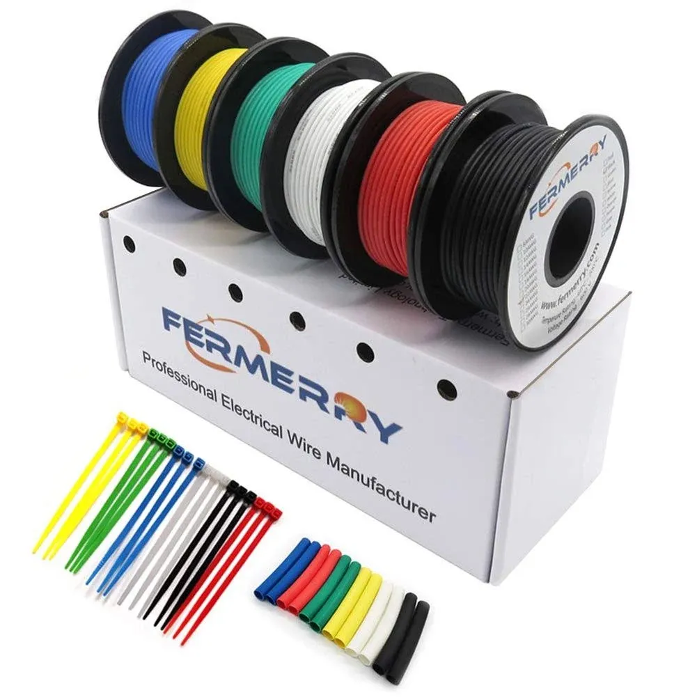 Fermerry 26 AWG Stranded Wire Spool 100ft Each 6 Colors Flexible 26 Gauge Silicone Hook up Wire Kit Electrical Tinned Copper Wire