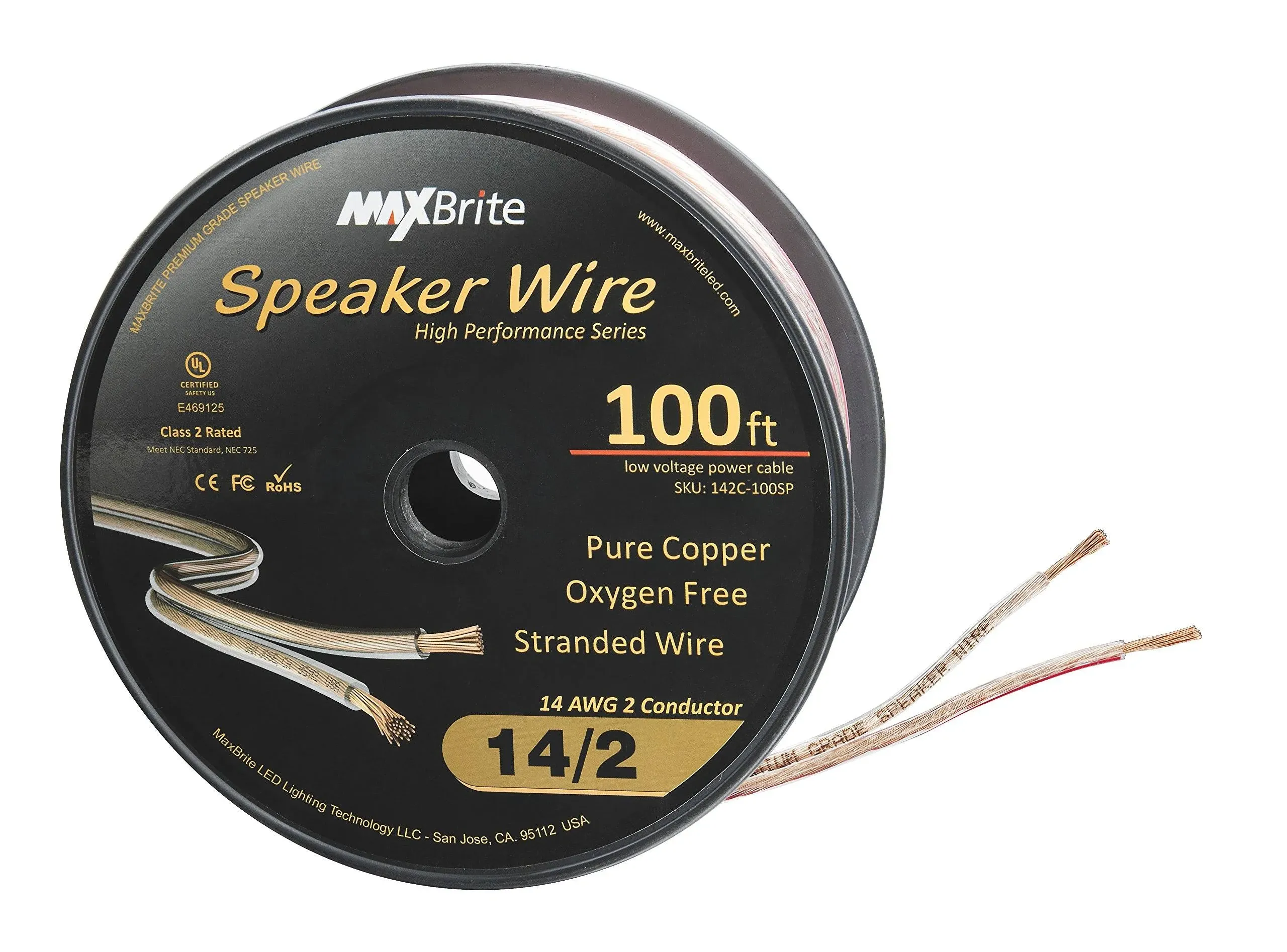 High Performance 14 Gauge Speaker Wire, Oxygen Free Pure Copper - UL Listed Class 2 (50 Feet Spool)