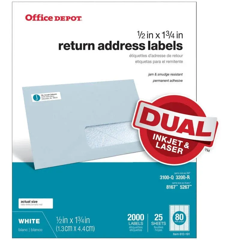 Office Depot White Inkjet/Laser Return Address Labels 1/2in. x 1 3/4in