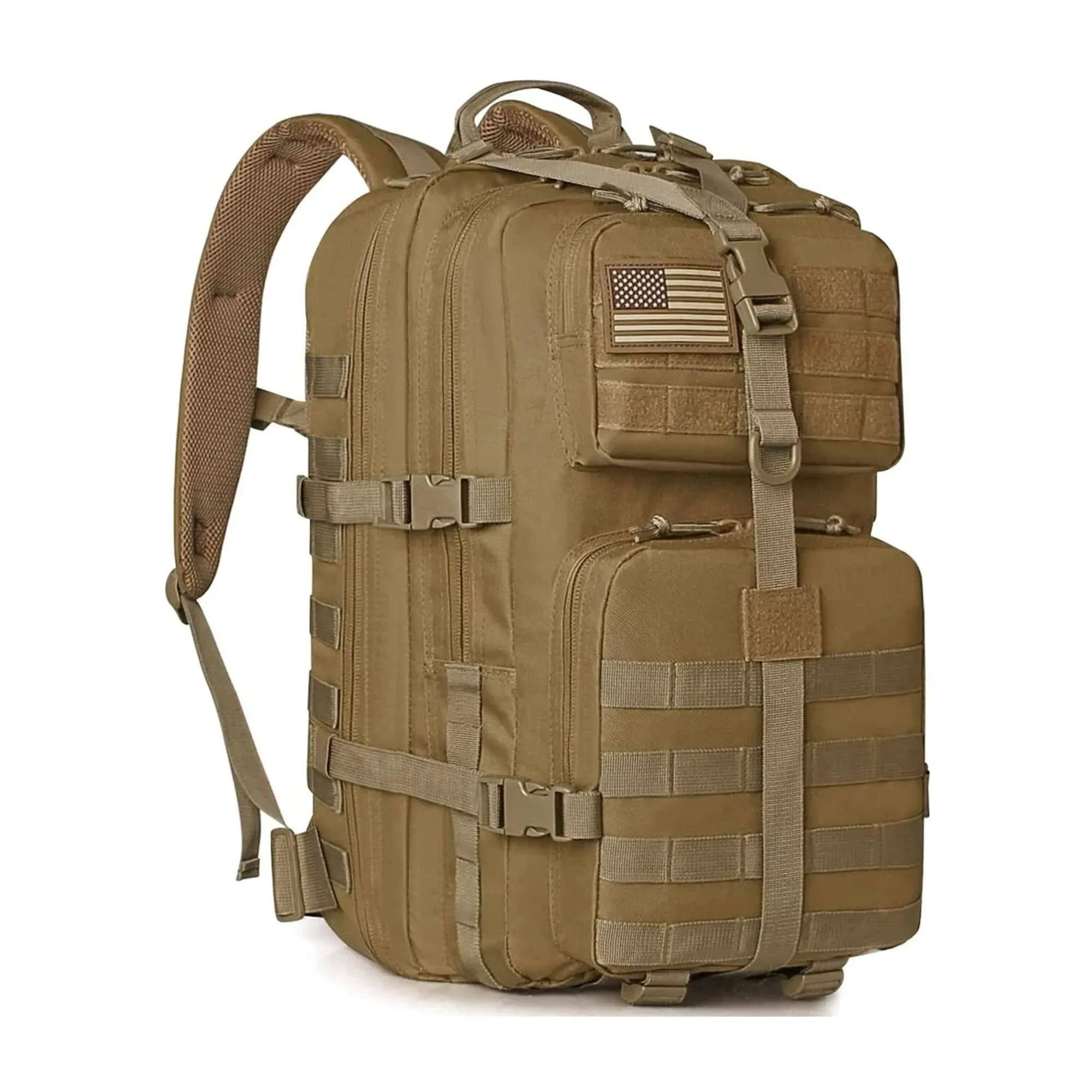 Multi Function Military Tactical Assault Backpack with Double Stitching, Braided Handle, and Laser Cut Mole Webbing for Gear Attachment, Tan