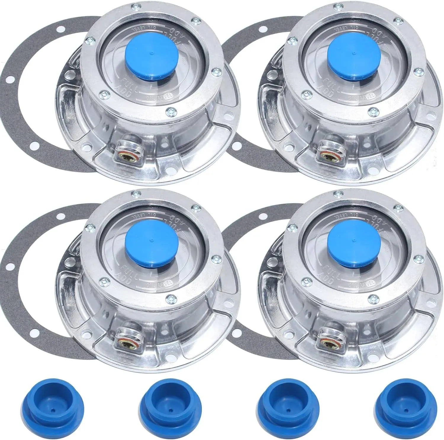 2pcs 343-4009 Aluminum Hub Cap for Trailer Axle, 3434009 6 Holes Hub Caps with Side Pipe Plugs Gaskets and Extra 2pcs Blue Rubber Plugs