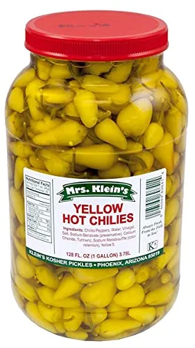 Mrs Klein's Yellow Hot Chilies Hot Chili Peppers-bulk 1 Gallon-great on Charcuterie Board or Mezze Platter, Appetizer Tray or with Hamburgers, Hotdo