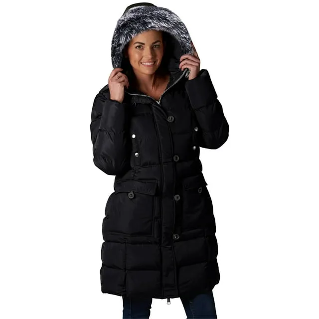 ELORA Women's Mid-Length Vegan Down Puffer Parka with Removable Hood and Faux Fur Trim