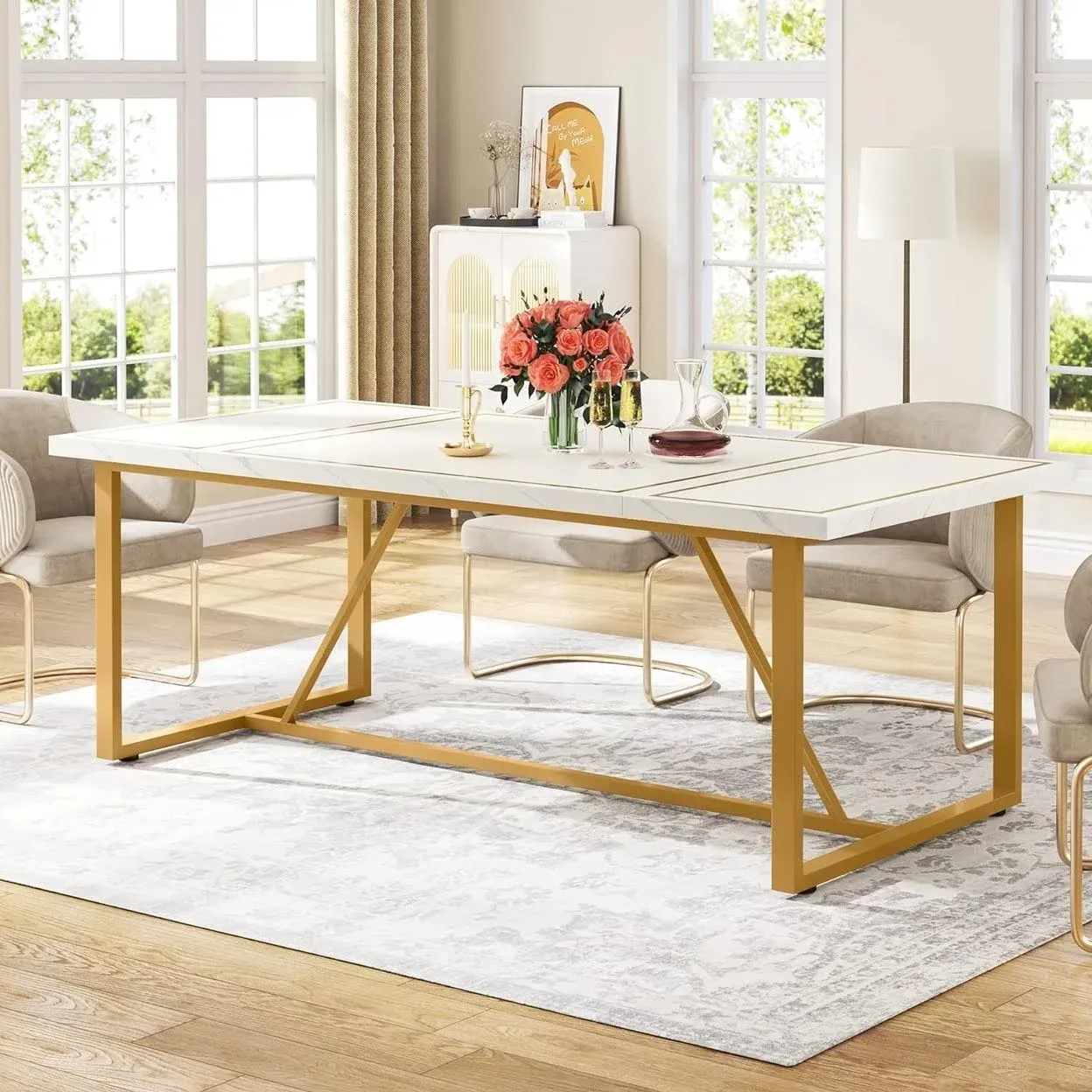 Tribesigns 70.9 Inch Dining Table for 6 to 8, Modern Kitchen Table Dining Room Table, Rectangle White Dinner Table with Gold Meta Base for Kitchen, Living Room