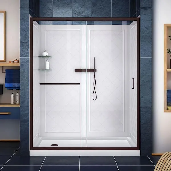 DreamLine Infinity-Z 30 in. D x 60 in. W x 76 3/4 in. H Clear Sliding Shower Door in Satin Black, Right Drain and Backwalls