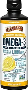 Barlean's Lemon Crème Omega 3 Fish Oil Liquid Supplement, 1080mg of Omega 3 EPA & DHA Fatty Acid, Smoothie Flavored & Burpless for Brain, Joint, & Heart Health, 8 oz