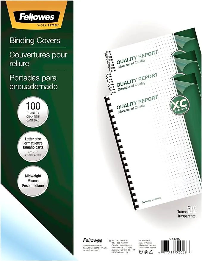 Fellowes 52089 Binding Presentation Covers, 8mil, Letter, 100 Pack, Clear