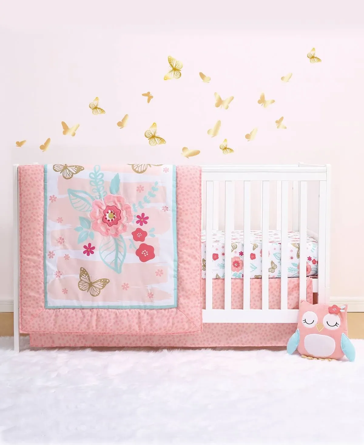 The Peanutshell Aflutter Crib Bedding Set for Baby Girls - 3 Piece Floral Nursery Set - Baby Blanket, Crib Sheet, Crib Skirt